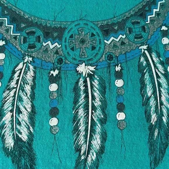 Vintage 90s Southwestern Shirt Womens Large Teal Feathers Boho Art Festival Tee - Picture 10 of 13